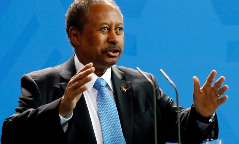 FILE PHOTO Sudans Prime Minister Abdalla Hamdok and German Chancellor Angela Merkel not pictured address the media at the Chancellery in Berlin Germany February 14 2020 امدر تايمز
