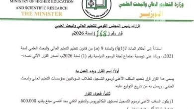 وزارة التعليم العالي والبحث العلمي السودانية تحدد السقف الأعلى لرسوم تسجيل الطلاب السودانيين في برامج البكالوريوس والتجسير والدبلوم التقني بـ600 ألف جنيه للعام الدراسي الكامل